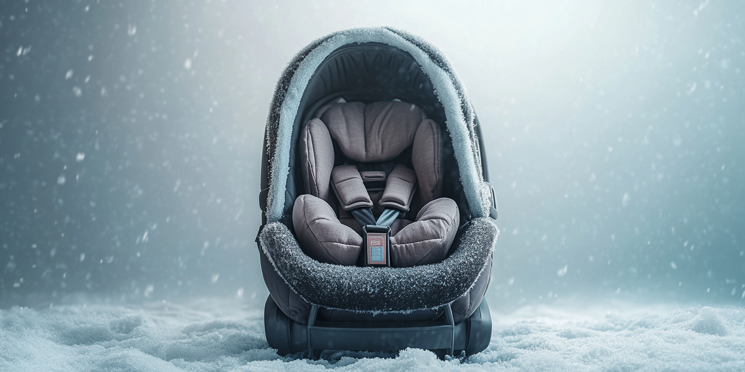 Shower-cap cover over seat; baby buckled; blanket over harness